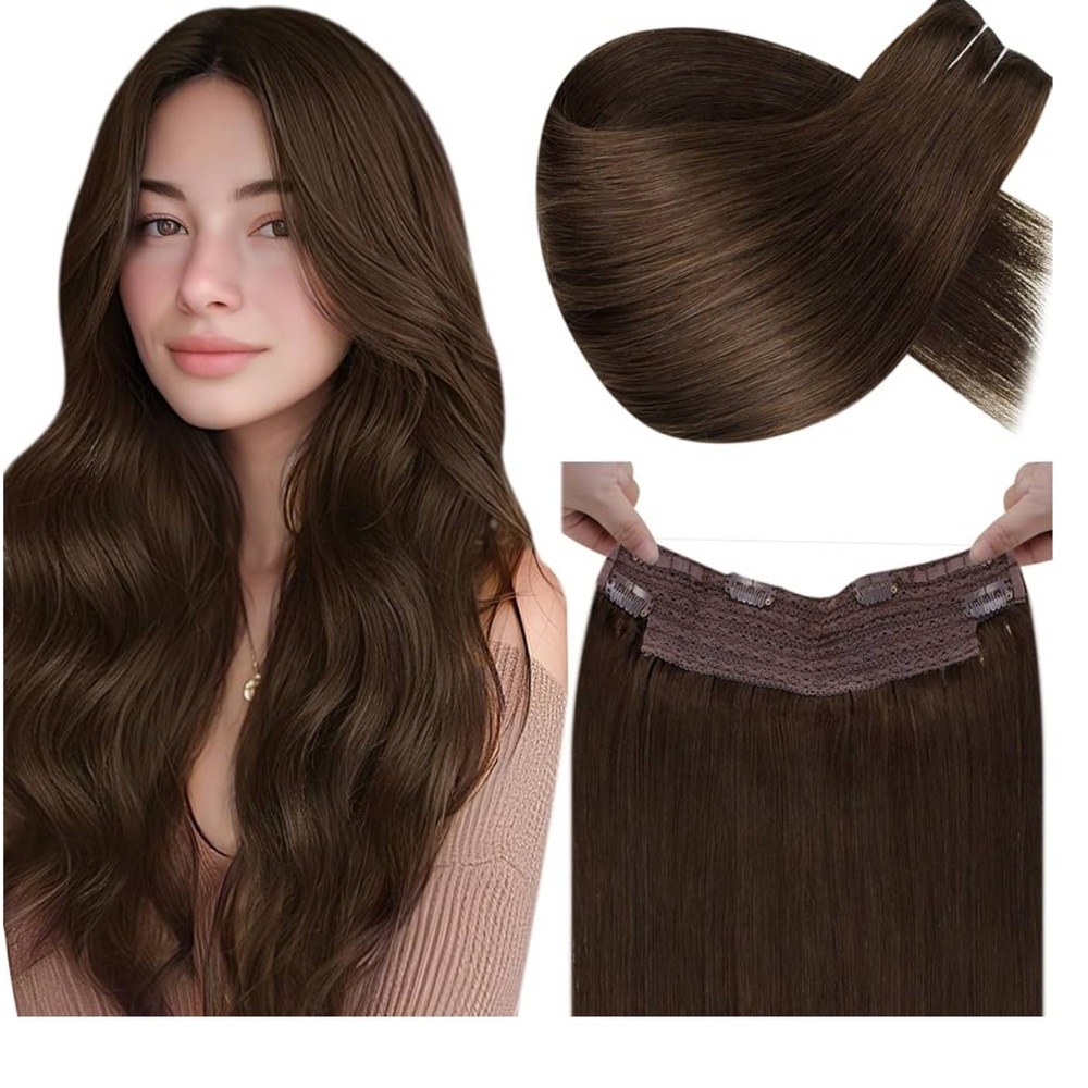 NEW LaaVoo Brown human Hair Extensions Invisible Wire One Piece 14 inch